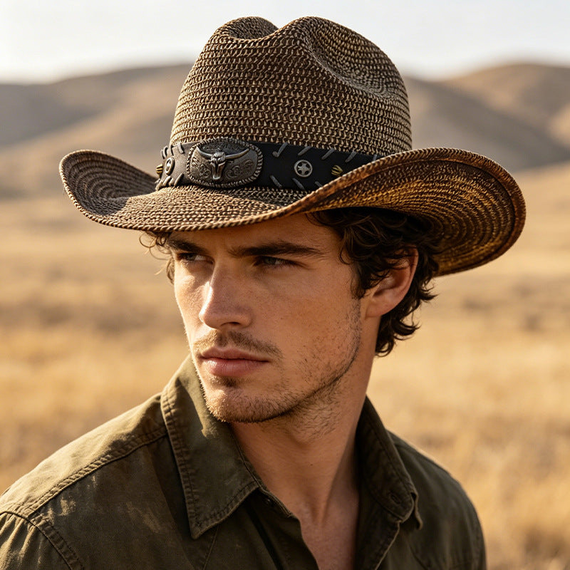 Men's Cowboy Style Solid Color Straw Hat With Wide Brim, UV Protection Featuring Braid Craftsmanship