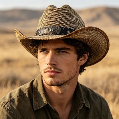 Men's Cowboy Style Solid Color Straw Hat With Wide Brim, UV Protection Featuring Braid Craftsmanship