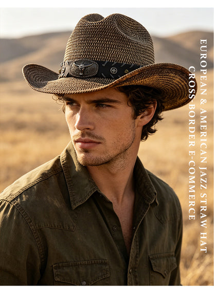 Men's Cowboy Style Solid Color Straw Hat With Wide Brim, UV Protection Featuring Braid Craftsmanship