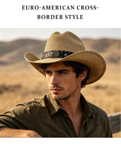 Men's Cowboy Style Solid Color Straw Hat With Wide Brim, UV Protection Featuring Braid Craftsmanship
