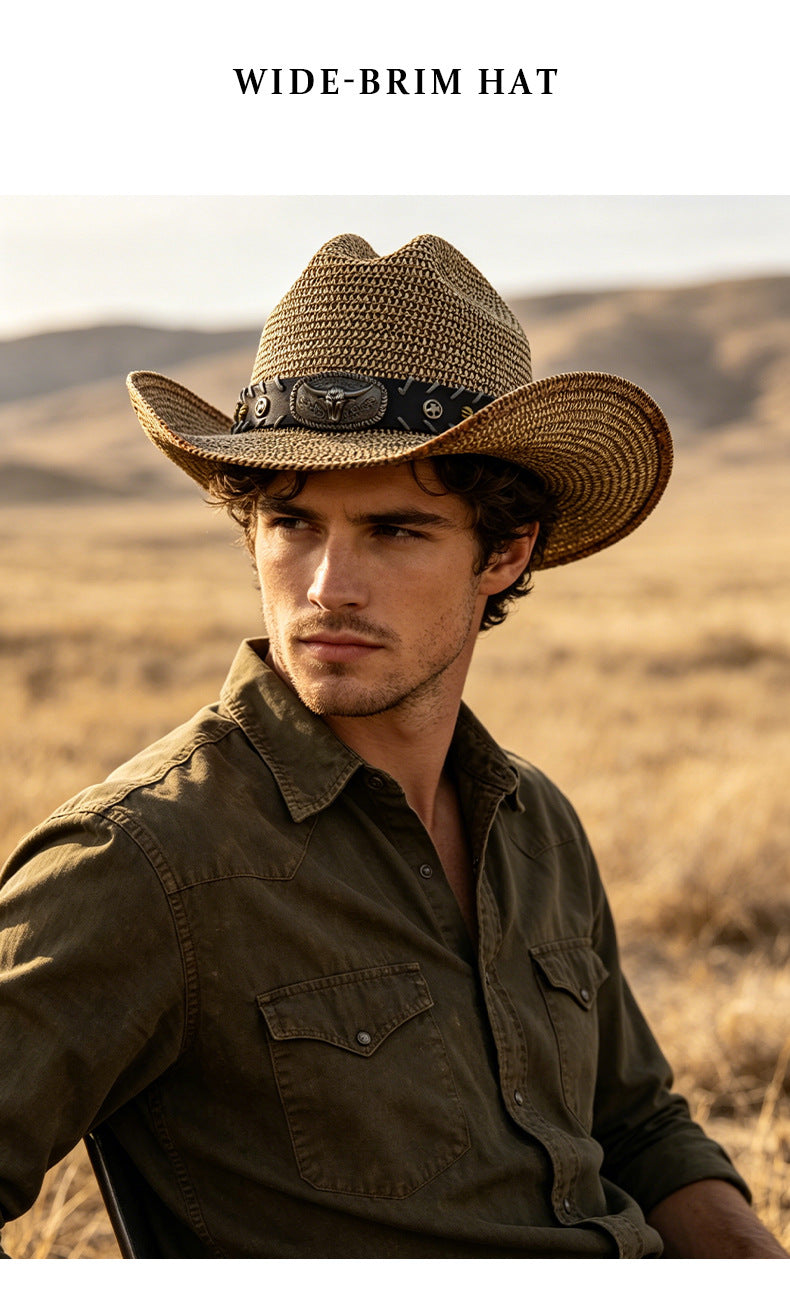 Men's Cowboy Style Solid Color Straw Hat With Wide Brim, UV Protection Featuring Braid Craftsmanship