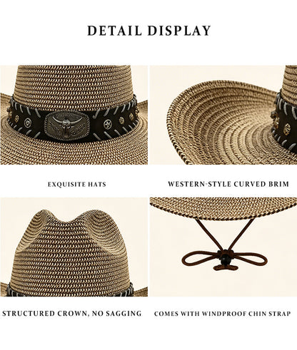 Men's Cowboy Style Solid Color Straw Hat With Wide Brim, UV Protection Featuring Braid Craftsmanship