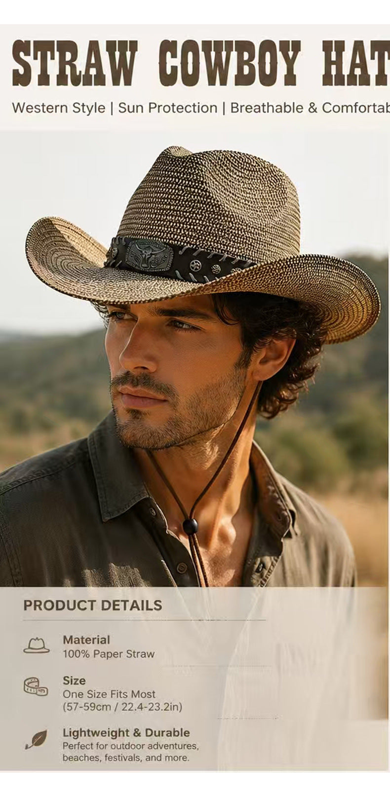 Men's Cowboy Style Solid Color Straw Hat With Wide Brim, UV Protection Featuring Braid Craftsmanship