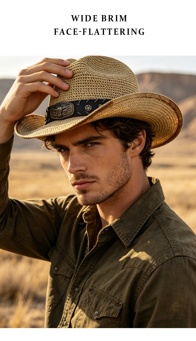 Men's Cowboy Style Solid Color Straw Hat With Wide Brim, UV Protection Featuring Braid Craftsmanship