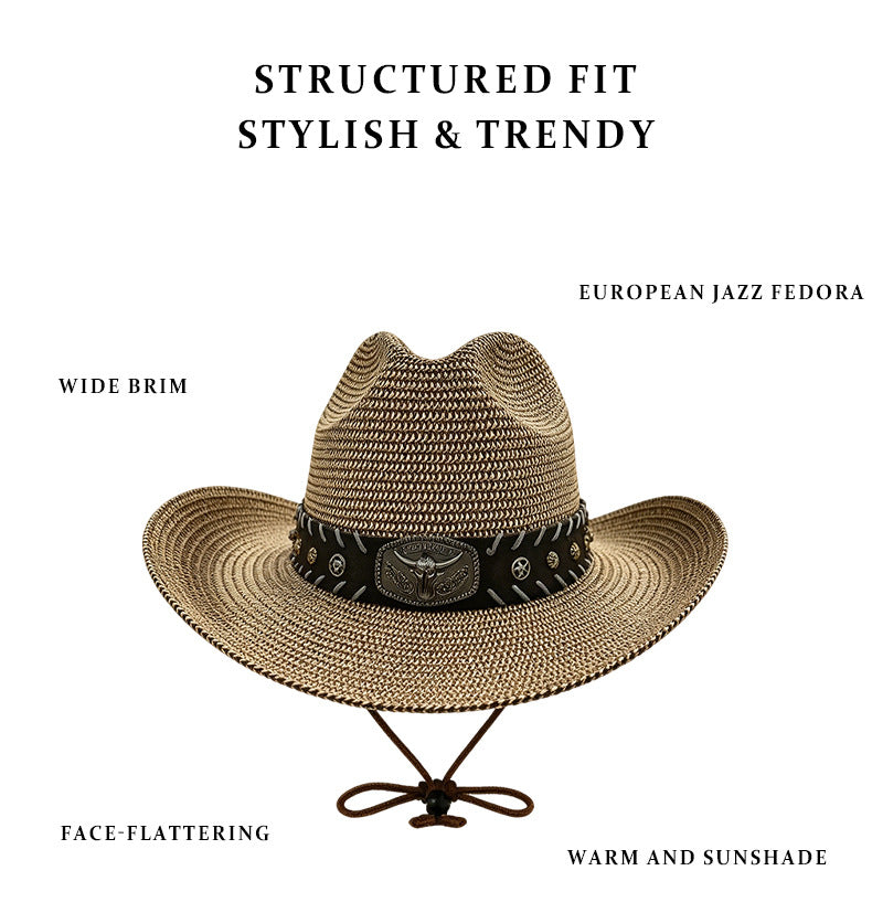 Men's Cowboy Style Solid Color Straw Hat With Wide Brim, UV Protection Featuring Braid Craftsmanship