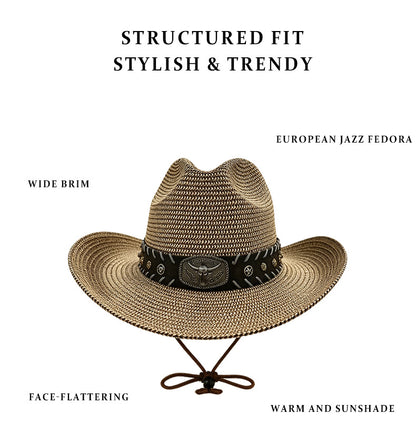 Men's Cowboy Style Solid Color Straw Hat With Wide Brim, UV Protection Featuring Braid Craftsmanship