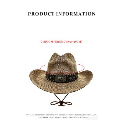 Men's Cowboy Style Solid Color Straw Hat With Wide Brim, UV Protection Featuring Braid Craftsmanship