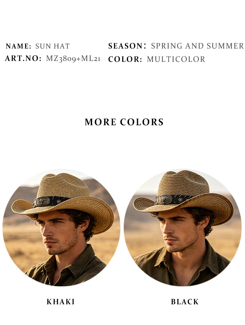 Men's Cowboy Style Solid Color Straw Hat With Wide Brim, UV Protection Featuring Braid Craftsmanship