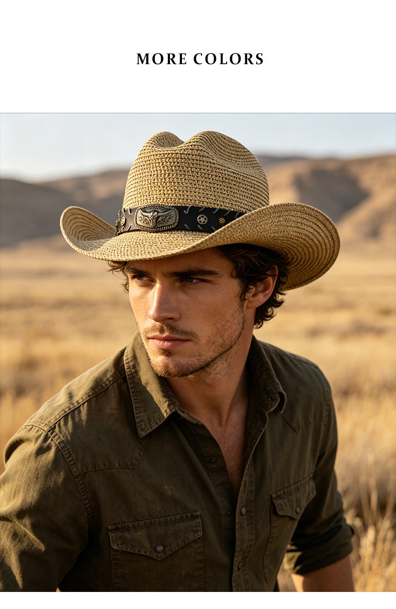 Men's Cowboy Style Solid Color Straw Hat With Wide Brim, UV Protection Featuring Braid Craftsmanship