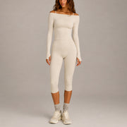 Long-sleeved Top + Cropped Pants, beige Color