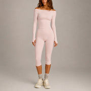 Long-sleeved Top + Cropped Pants in Grayish Pink