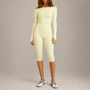 Long-sleeved Top + Cropped Pants, Cream Yellow