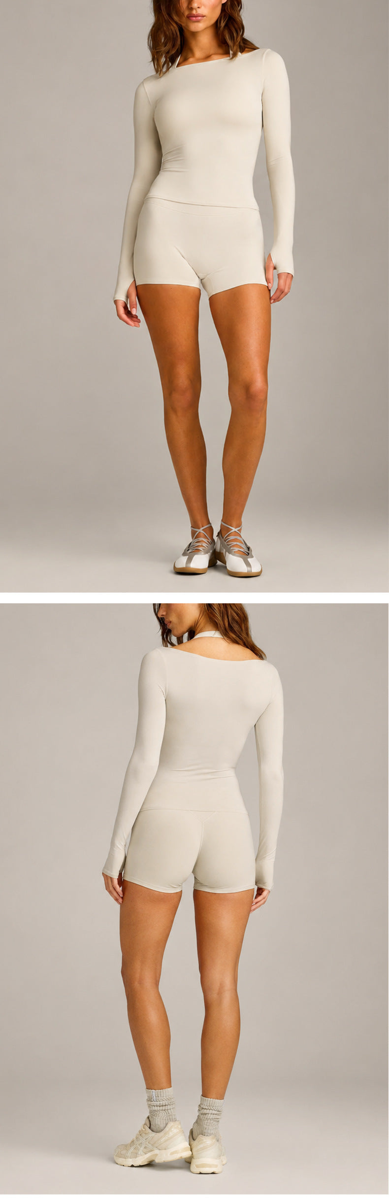 Sport Running Shorts For Women In Slim Fit, Made With Nylon Fabric, Featuring Long Sleeve Design For Spring And Summer