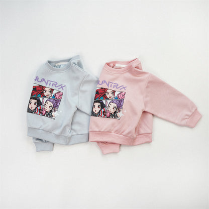 Cute Anime Girls' Pullover Children's Sweatshirt In Natural Pink With Long Sleeves, Made From Over 50% Cotton