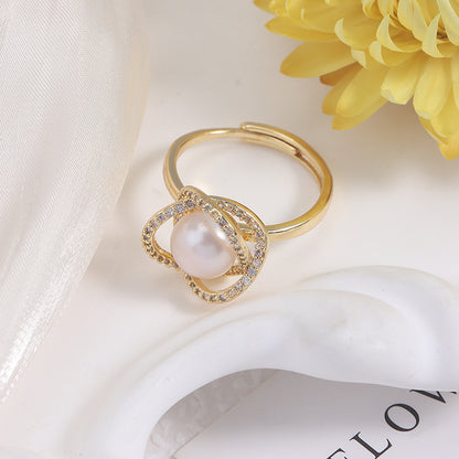 Adjustable Simple Style Ring With 7-8mm Natural White Freshwater Button Pearl And Copper Metal