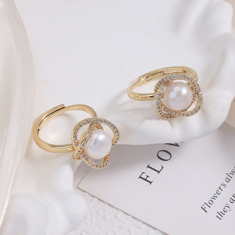 Adjustable Simple Style Ring With 7-8mm Natural White Freshwater Button Pearl And Copper Metal