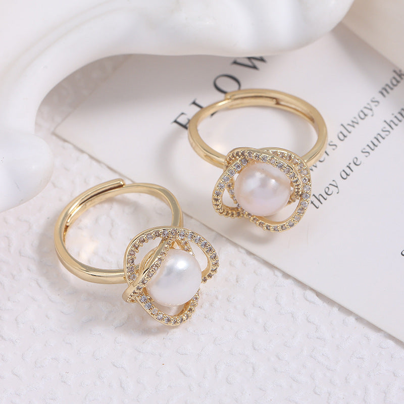 Adjustable Simple Style Ring With 7-8mm Natural White Freshwater Button Pearl And Copper Metal