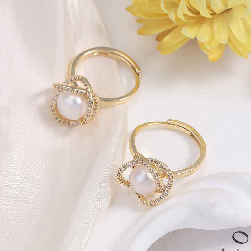 Adjustable Simple Style Ring With 7-8mm Natural White Freshwater Button Pearl And Copper Metal