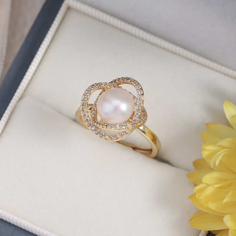 Adjustable Simple Style Ring With 7-8mm Natural White Freshwater Button Pearl And Copper Metal
