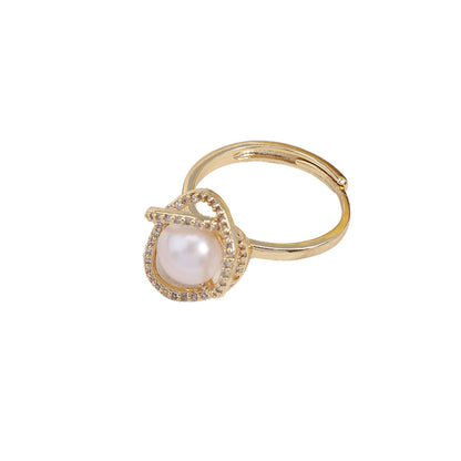 Adjustable Simple Style Ring With 7-8mm Natural White Freshwater Button Pearl And Copper Metal