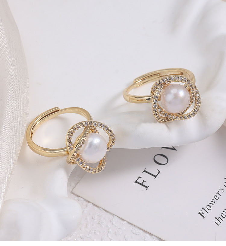 Adjustable Simple Style Ring With 7-8mm Natural White Freshwater Button Pearl And Copper Metal