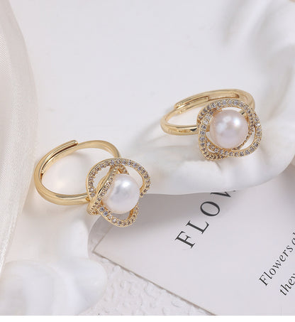 Adjustable Simple Style Ring With 7-8mm Natural White Freshwater Button Pearl And Copper Metal