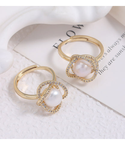 Adjustable Simple Style Ring With 7-8mm Natural White Freshwater Button Pearl And Copper Metal