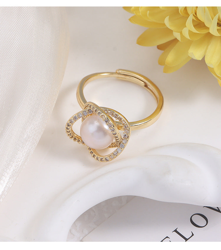 Adjustable Simple Style Ring With 7-8mm Natural White Freshwater Button Pearl And Copper Metal