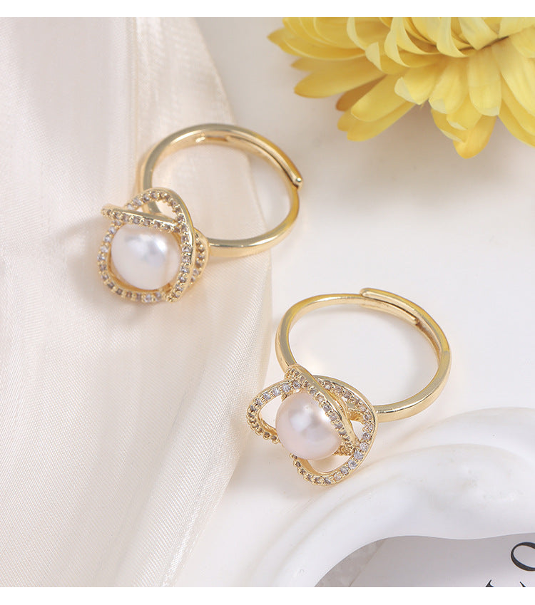 Adjustable Simple Style Ring With 7-8mm Natural White Freshwater Button Pearl And Copper Metal