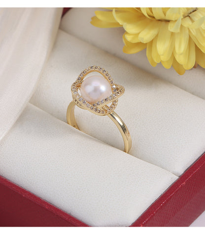 Adjustable Simple Style Ring With 7-8mm Natural White Freshwater Button Pearl And Copper Metal