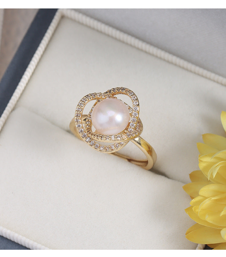Adjustable Simple Style Ring With 7-8mm Natural White Freshwater Button Pearl And Copper Metal