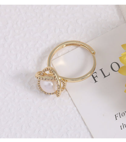 Adjustable Simple Style Ring With 7-8mm Natural White Freshwater Button Pearl And Copper Metal