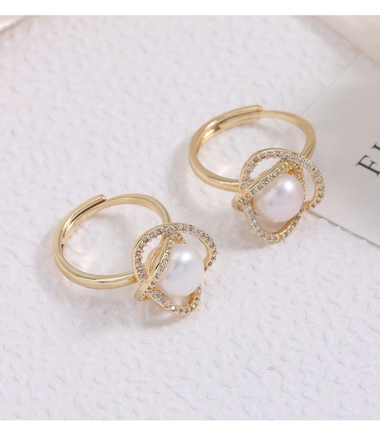 Adjustable Simple Style Ring With 7-8mm Natural White Freshwater Button Pearl And Copper Metal