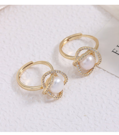 Adjustable Simple Style Ring With 7-8mm Natural White Freshwater Button Pearl And Copper Metal