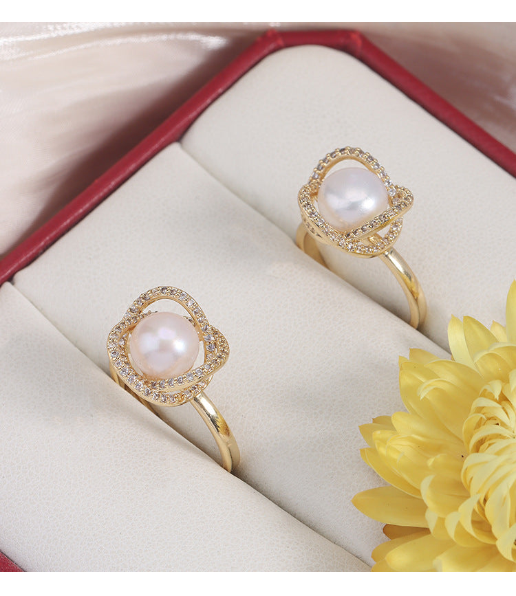 Adjustable Simple Style Ring With 7-8mm Natural White Freshwater Button Pearl And Copper Metal