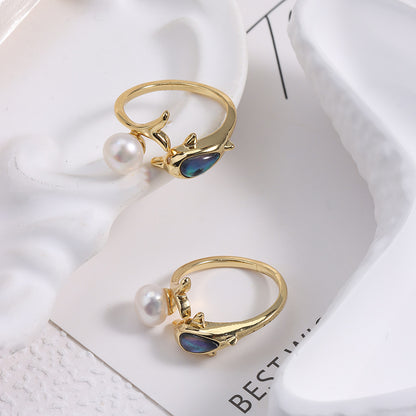 Simple Style Adjustable Ring With Natural White 7-8mm Button Freshwater Pearl And Copper Metal