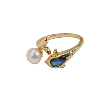 Simple Style Adjustable Ring With Natural White 7-8mm Button Freshwater Pearl And Copper Metal