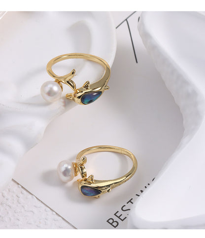 Simple Style Adjustable Ring With Natural White 7-8mm Button Freshwater Pearl And Copper Metal