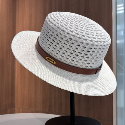 Vintage Style Solid Color Wide Brim Straw Hat For Women With UV Protection, Featuring Hollow Out Craft