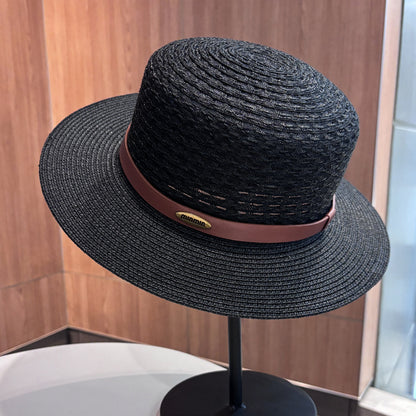 Vintage Style Solid Color Wide Brim Straw Hat For Women With UV Protection, Featuring Hollow Out Craft