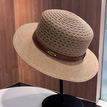 Vintage Style Solid Color Wide Brim Straw Hat For Women With UV Protection, Featuring Hollow Out Craft