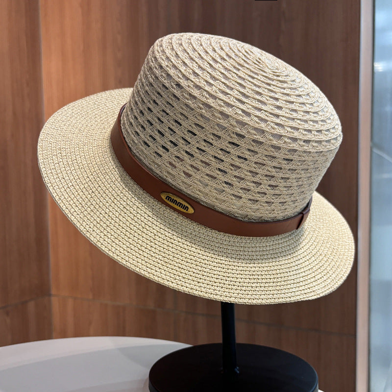Vintage Style Solid Color Wide Brim Straw Hat For Women With UV Protection, Featuring Hollow Out Craft