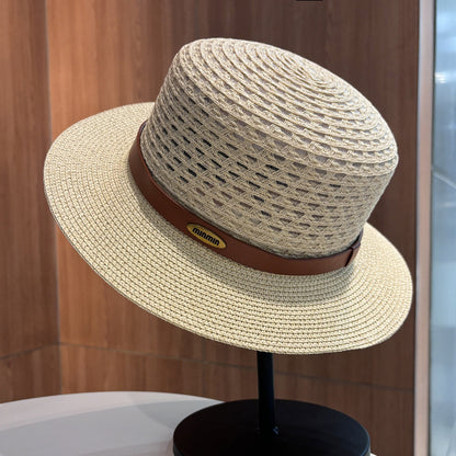Vintage Style Solid Color Wide Brim Straw Hat For Women With UV Protection, Featuring Hollow Out Craft