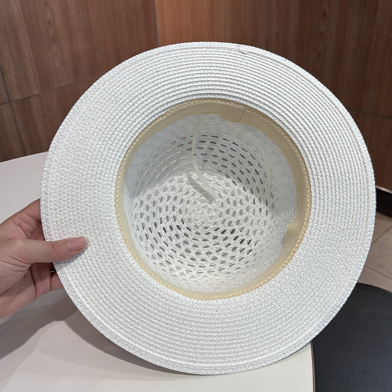 Vintage Style Solid Color Wide Brim Straw Hat For Women With UV Protection, Featuring Hollow Out Craft
