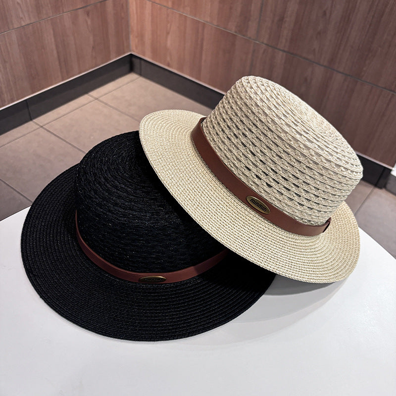 Vintage Style Solid Color Wide Brim Straw Hat For Women With UV Protection, Featuring Hollow Out Craft