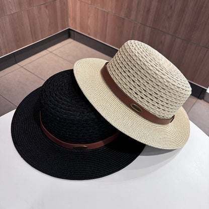 Vintage Style Solid Color Wide Brim Straw Hat For Women With UV Protection, Featuring Hollow Out Craft