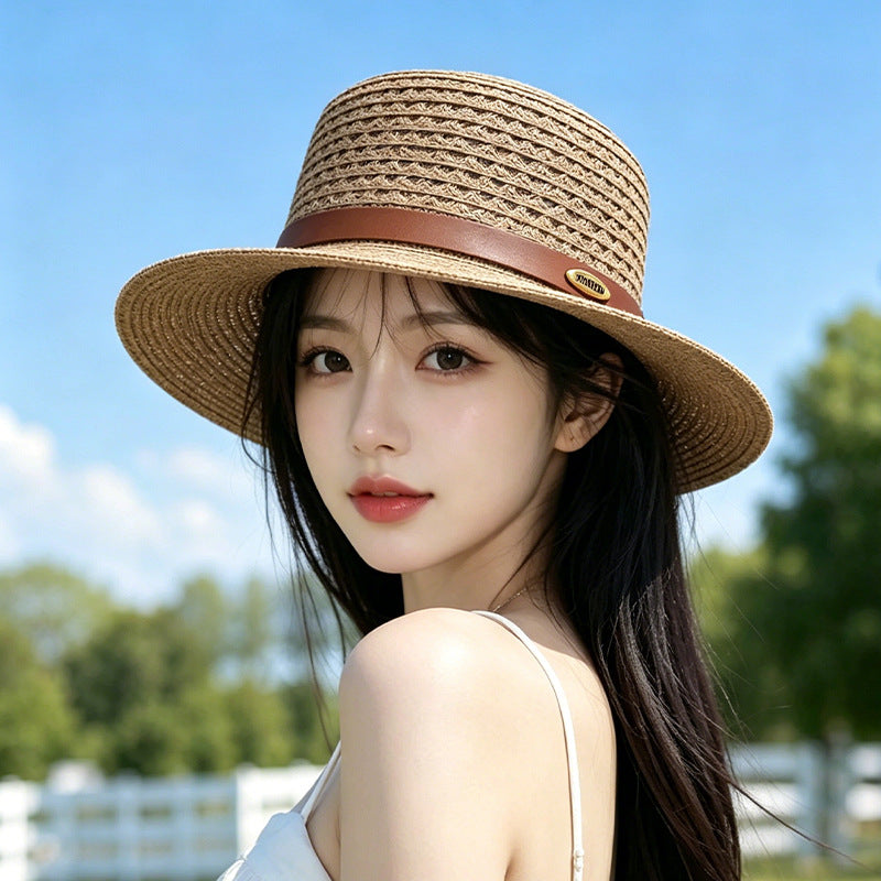 Vintage Style Solid Color Wide Brim Straw Hat For Women With UV Protection, Featuring Hollow Out Craft