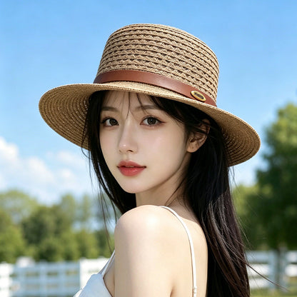 Vintage Style Solid Color Wide Brim Straw Hat For Women With UV Protection, Featuring Hollow Out Craft