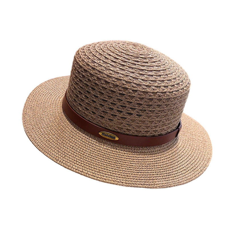 Vintage Style Solid Color Wide Brim Straw Hat For Women With UV Protection, Featuring Hollow Out Craft