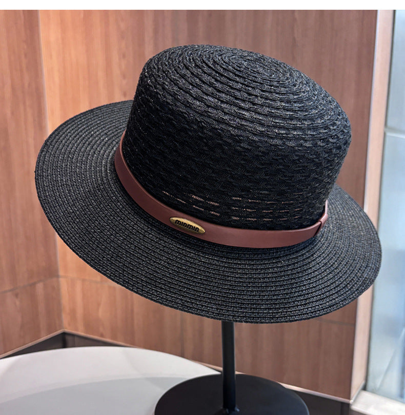 Vintage Style Solid Color Wide Brim Straw Hat For Women With UV Protection, Featuring Hollow Out Craft